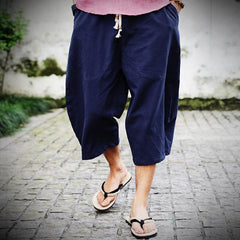 Hearujoy Oversized Wide-leg Cotton Linen Calf-Length Pants Mens Summer Drawstring Loose Beach Shorts Casual Harlan Trousers Fat Plus Szie