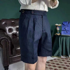 Hearujoy British Style Men Naples Linen Shorts Paris Waist Buckle Button Knee Length Pant Summer High Quality Casual Loose Short Trouser