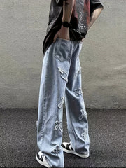 Hearujoy Embroidery Loose Ripped Cotton Blend Jeans, Men's Casual Street Style Distressed Denim Pants For Spring Summer