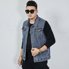 Hearujoy Streetwear Men Oversized Denim Vest Sleeveless Turndown Collar Big Pocket Jacket Spring Autumn Fashion Vintage Loose Tank Tops