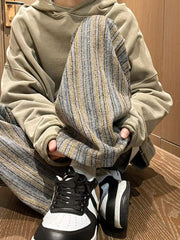 Hearujoy American Vintage Maillard Striped Casual Pants For Men Loose Straight Leg Wide Leg Trousers Autumn Winter Thick Woolen Pants