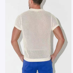 Hearujoy Summer Mens Hollow Out Knit Polo Shirts Sexy See Through Short Sleeve V-lapel Tops Fashion Mesh Loose Casual T-shirt Streetwear