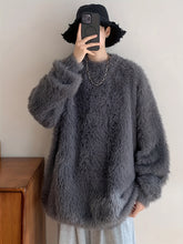 Casual Crew Neck Faux Mink Fur Knit Sweater for Adults, Polyester Blend, Loose Fit, Solid Color, Medium Stretch, with Braided Detail, for Fall/Winter Collection