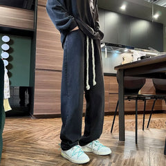 Hearujoy High Street Jeans Men Elastic Waist With Large Drawstring Straight Pants Fashion Casual Loose Wide Leg Denim Trousers Streetwear
