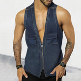 Hearujoy Vintage Patchwork Jean Tank Tops Men Slim Fit Sleeveless Denim V-neck zipper Shirts Summer Fashion Sexy Vest Male Streetwear