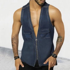 Hearujoy Vintage Patchwork Jean Tank Tops Men Slim Fit Sleeveless Denim V-neck zipper Shirts Summer Fashion Sexy Vest Male Streetwear