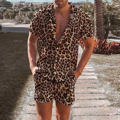 Hearujoy Leopard Print Men's Two Piece Set Short Sleeve Turn-down Collar Shirt And Shorts Loose Casual Suits Summer Fashion Outfits Male