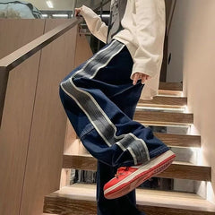 Hearujoy Retro High Street Men's Jeans Hip Hop Side Stripes Wide Leg Loose Trousers Spring Autumn Fashion Trends Denim Pants Streetwear