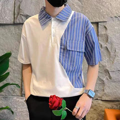 Hearujoy Fashion Stripe Patchwork Polo Shirts For Men Short sleeve Tee Tops Summer Trendy Contrast Color  Fake Two Polos Tshirts Clothing