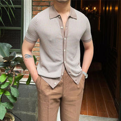 Hearujoy Summer Men Knit Polo Shirts Fashion Simple Plaid Knitted Sweater Vintage Short sleeve Button Cardigan Business Casual Knitwear