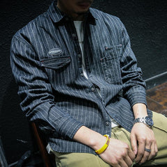 Hearujoy Japanese Retro Style striped shirt For Men Spring Autumn Long Sleeve Loose Tops American heavyweight Workwear Shirts Streetwear