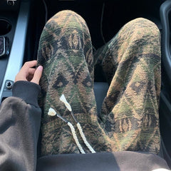 Hearujoy Ethnic Style Print Pants Men Hip Hop Elastic Waist Drawstring Straight Trousers Autumn Winter Vintage Dirty Pant (with Plush)