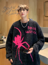 Men'S Casual Crew Neck Knit Sweater, Polyester, Loose Fit Pullover with Medium Stretch, Animal Pattern, with Spider & Letter Detail, for Fall/Winter, Daily Wear & Outdoor Activities