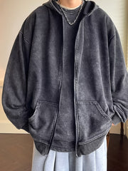 HEARUJOY - Elegant Polyester Men's Casual Cardigan - 1pc Loose-Fit Pullover with Hood, Zipper, Stretch Fabric, Warm Outerwear for Autumn/Winter, Ideal for Outdoor Activities