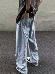 Hearujoy Embroidery Loose Ripped Cotton Blend Jeans, Men's Casual Street Style Distressed Denim Pants For Spring Summer