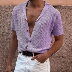 Hearujoy Summer Newest Men Short-sleeved Knitted Polo Blouse Tees Cardigan Vintage Casual Lapel Breathable Ice Silk Shirt Sweater T-Shirt