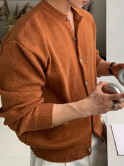 HEARUJOY - Cozy Long Sleeve Polyester Blend Cardigan - Men's Casual Solid Color Knit Button-Up Sweater for Fall/Winter, Korean Style, Loose Fit