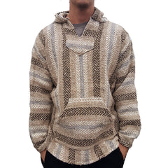 Hearujoy Vintage Ethnic Striped Knit Hooded Sweatshirt Men Fall Long Sleeve Big Pocket Hoodies Harajuku Top Pullover Coat Streetwear