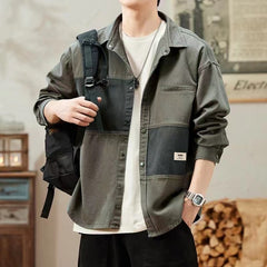 Hearujoy American Vintage Denim Shirt For Men Heavy Weight Patchwork Jacket Spring Autumn Trendy Loose Shirts Coat Streetwear Casual Top