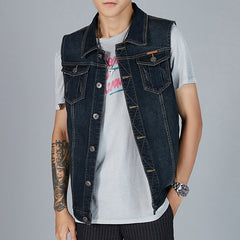 Hearujoy Streetwear Men Oversized Denim Vest Sleeveless Turndown Collar Big Pocket Jacket Spring Autumn Fashion Vintage Loose Tank Tops