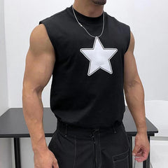 Hearujoy Oversized 100% Cotton Star Print Vest Men Sleeveless Profile Loose Tshirt Summer Fitness Muscles Tank Top For 150KG Fat Man