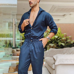 Hearujoy Fashion Men Jumpsuits Solid Color Lapel Long Sleeve Casual Cargo Clothes Overalls Male Rompers Streetwear Girdle Waist Siamese
