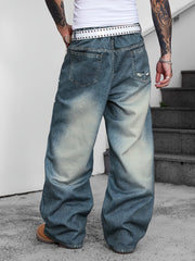 HEARUJOY - 1pc Men's Street Style Wide Leg Faux Denim Jeans - Trendy Burnout Print, Loose Fit, Mid Waist, Non-Stretch, Zipper Placket for Daily Casual Wear