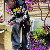 Hearujoy 2024 Y2k Long Sleeved Zippered Printed Pullover Hoodie, Hoodie And Pants Two-Piece Streetwear Trendy Outfit, Dark Vintage Outfit