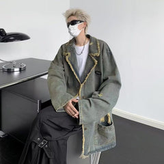 Hearujoy American Vintage Denim Coat Men Women Distressed Broken Hole Tassel Tailored Collar Jeans Wear Spring Autumn Loose Long Jacket