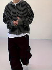 HEARUJOY - Men's Casual Striped Hooded Knit Cardigan - Soft Acrylic Zip-Up Sweater, Loose Fit for All Seasons, Black & White Vertical Stripes, Perfect for Commuting or Leisure Outings, Allseason Sweater | Zipup Cardigan | S