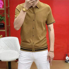 Hearujoy Light Lluxury Solid Patchwork Striped Shirt For Men Fashion Square Collar Short Sleeve Cardigan Tops Summer Slim Fit Polo Shirts