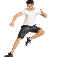 Hearujoy PU Leather Shorts Men's Lightweight Black Red Blue Summer Hip Hop Fashion Elastic Waist Knee Length Pants 9Y6387