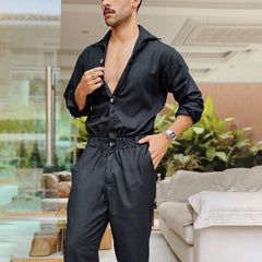Hearujoy Men's Autumn Long Sleeve Overalls Pants Loose Stylish Fashion Casual Solid Color Lapel Button Jumpsuit Streetwear Leisure New
