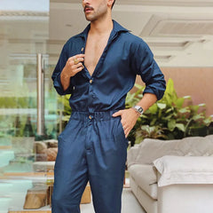 Hearujoy Men's Autumn Long Sleeve Overalls Pants Loose Stylish Fashion Casual Solid Color Lapel Button Jumpsuit Streetwear Leisure New