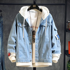 HEARUJOY - Mens Hooded Denim Jacket Hip Hop Jeans Coat Retro Streetwear Casual Bomber Jacket Outerwear Male Jeans Hoodies Coats