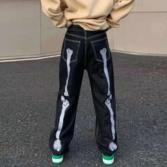 HEARUJOY - Retro Skull Hand Bone Embroidery Washed Mens Jeans Pants Vibe Style Straight Casual Oversize Denin Trousers Streetwear