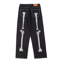 HEARUJOY - Retro Skull Hand Bone Embroidery Washed Mens Jeans Pants Vibe Style Straight Casual Oversize Denin Trousers Streetwear