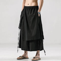 Hearujoy Mens Double Layer Irregular Chinese Style Casual Culottes Genderless 2024 New Fashion Retro Solid Color Wide Leg Pants Unisex