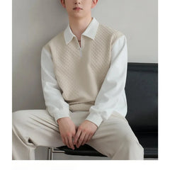 HEARUJOY - Trend Fashion Men Polo Shirts Spring Autumn New Lapel Half Zipper Fake Two Pieces Contrast Color Korean Casual Long Sleeve Tops