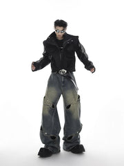 Hearujoy Wide Leg Jeans Pants Men Streetwear Baggy Distressed Denim Trousers Male Oversize Hollow Out Casual Korean Hip Hop