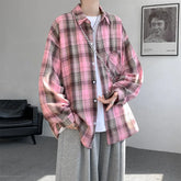 HEARUJOY - Black Long Sleeved Shirt Men Retro Plaid Shirt Men Japanese Streetwear Loose Casual Shirt Mens Vintage Shirts Large Size 5XL