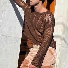 Hearujoy New Arrivals 2024 Audumn Sexy Hollow Mesh Knit T-shirts Men Streetwear Pullovers Solid Long Sleeve Crew Neck Tees Mens Clothing