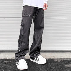 Hearujoy Side Elastic Waist Drawstring Black Cargos for Men Pantalones Hombre Baggy Y2k Straight Overalls Oversized Functional Trousers
