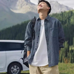 HEARUJOY - Spring Autumn Fashion Washed Striped Denim Long Sleeve Shirt Men's Japanese Casual Cityboy Shirt Jacket Jacket Aesthetic Chic