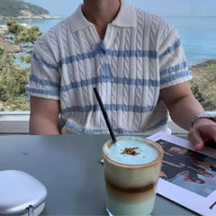 HEARUJOY - Twist striped knitted polo shirt short-sleeved men's Korean style slim and versatile casual lapel T-shirt trendy