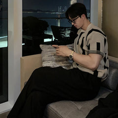 HEARUJOY - Summer Men's Clothing Luxury O Neck Knitted T Shirt Retro Geometric Short-sleeved Korean Popular Knitwear Leisure Basic Shirt