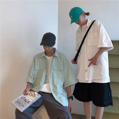 HEARUJOY - Summer Short Sleeved Shirt Men Pocket Casual Shirt Men Japanese Streetwear Loose Ice Silk Shirts Mens White Shirt Plus Size 4XL