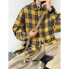 HEARUJOY - Autumn Long Sleeved Shirt Men Oversized Retro Casual Shirt Men Japanese Streetwear Loose Plaid Shirt Mens Vintage Shirts M-3XL