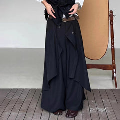Hearujoy Mens Dark Style Double Layer Irregular Skirts 2024 New Genderless Fashion Trend Retro Solid Color Loose Wide Leg Pants Unisex