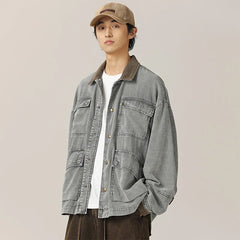 HEARUJOY - American Retro Heavyweight Washed Denim Jacket Multi-Pocket Workwear Coat with Contrast Collar Oversized Utility Streetwear
